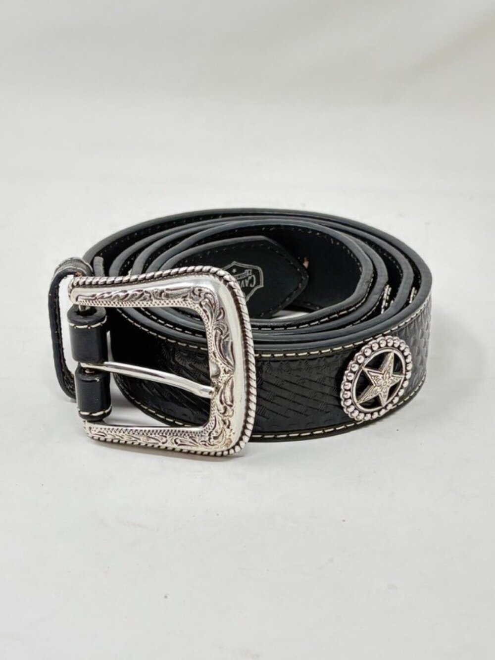 Cavender's Western Leather Belt Black Star Conchos Size 48 USA Cowboy